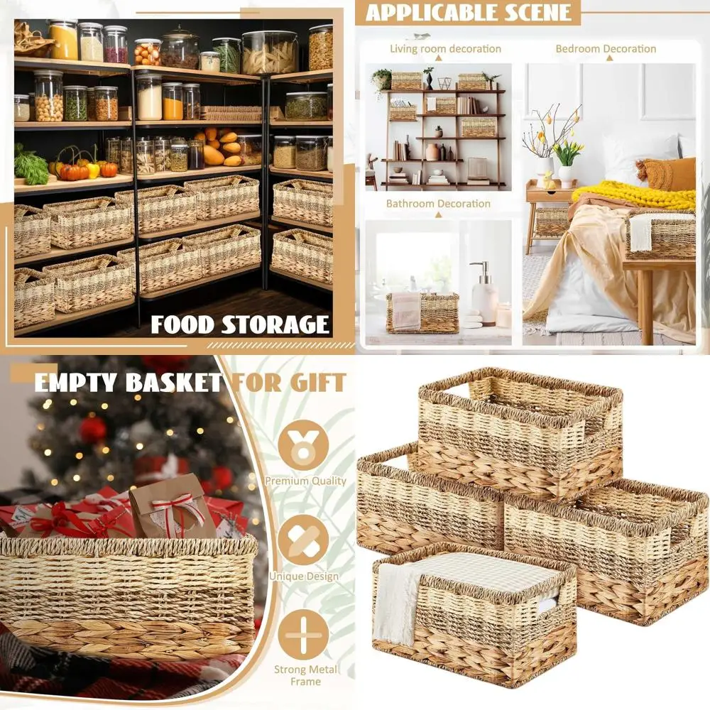 

Natural Seagrass Woven Storage Baskets, 4-Pack, 12x8x6.3 Inches, with Handles for Home Organization