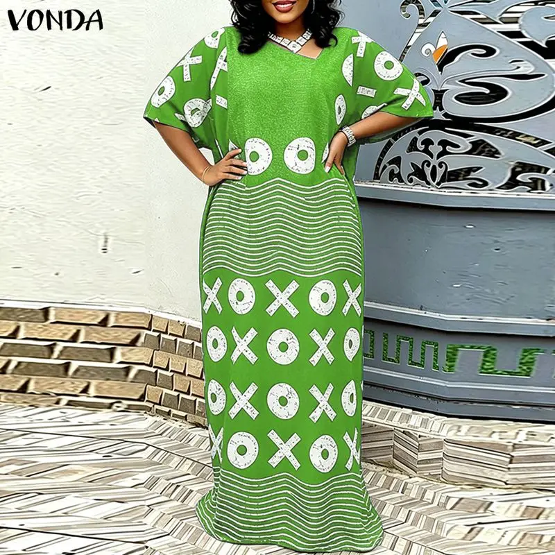 

VONDA Summer L-5XL Plus Size Dresses Women Long Maxi Dress Print Half Sleeve Vestidos Robe OL Party Casual Sundress Streetwear