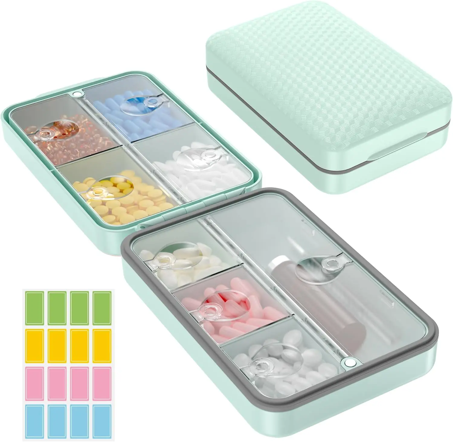 

Weekly Pill Organizer 8 Compartments, Magnetic Moisture Proof Travel Pill Box with Clear Lid for Vitamins & Medications (Green)