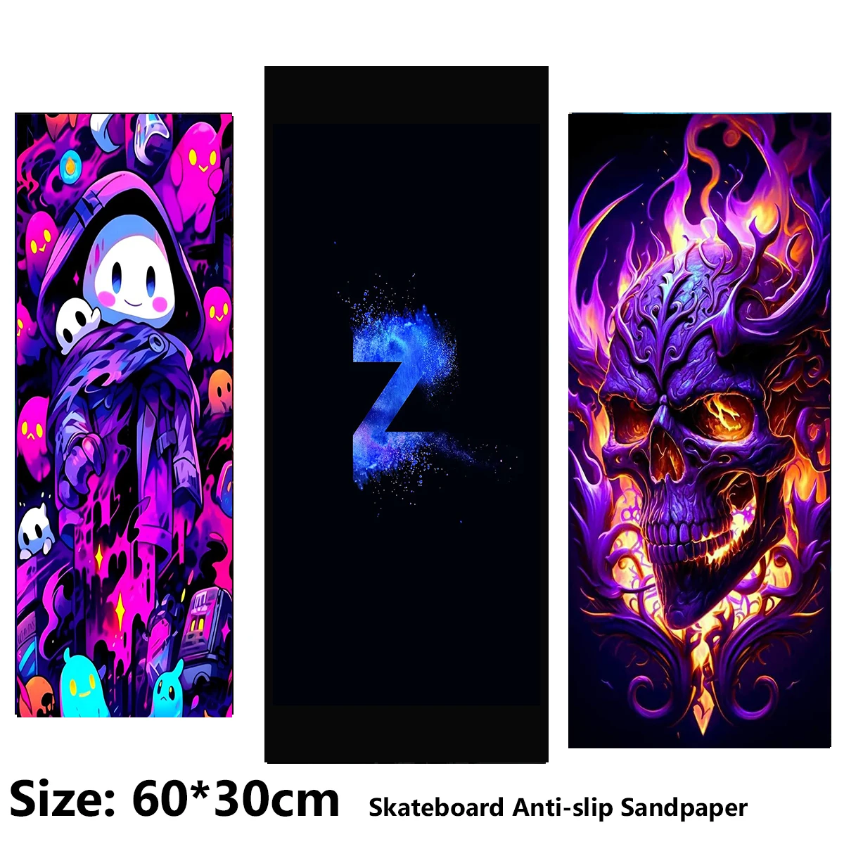 Cartoon Ghost Text Z with Purple Skull Pattern ElecStric Scooter Anti-slip Sticker Sandpaper Skateboard Grip Tape Sheet 60*30cm