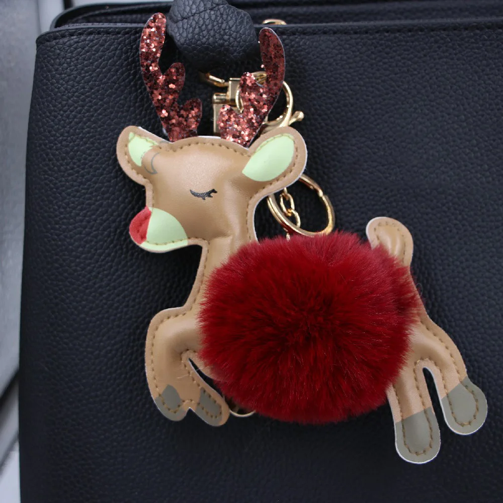 Cute Plush Elk PU Leather Cartoon Pendant Keychain Pompom Reindeer Doll Key Chain Xmas Ornaments Party Favors Christmas Gifts