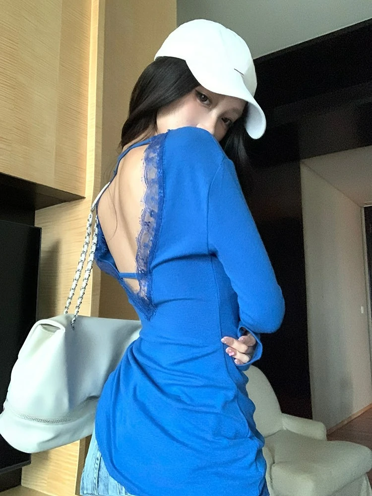 

Backless Lace Patchwork Long Sleeved T-shirt for Women Autumn Slim Fit Design Niche Base Top