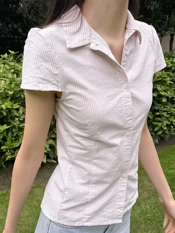 

Женская футболка Slim Fit Plaid ort Sve irt Red And White Cheered с отложным воротником в американском стиле ретро Sle Street Faion