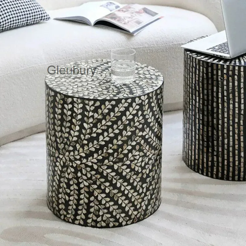 Round Cylinder Side Table Mother of Pearl Inlay Mosaic Leaf Pattern Accent Coffee Table Living Room Home Furniture