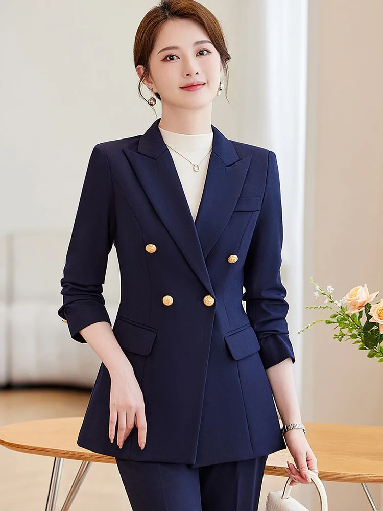 Navy Blue Suits Women New Autumn Fashion Professional Business Formal Slim Blazer And Pants Sets Office Lady Work Wear