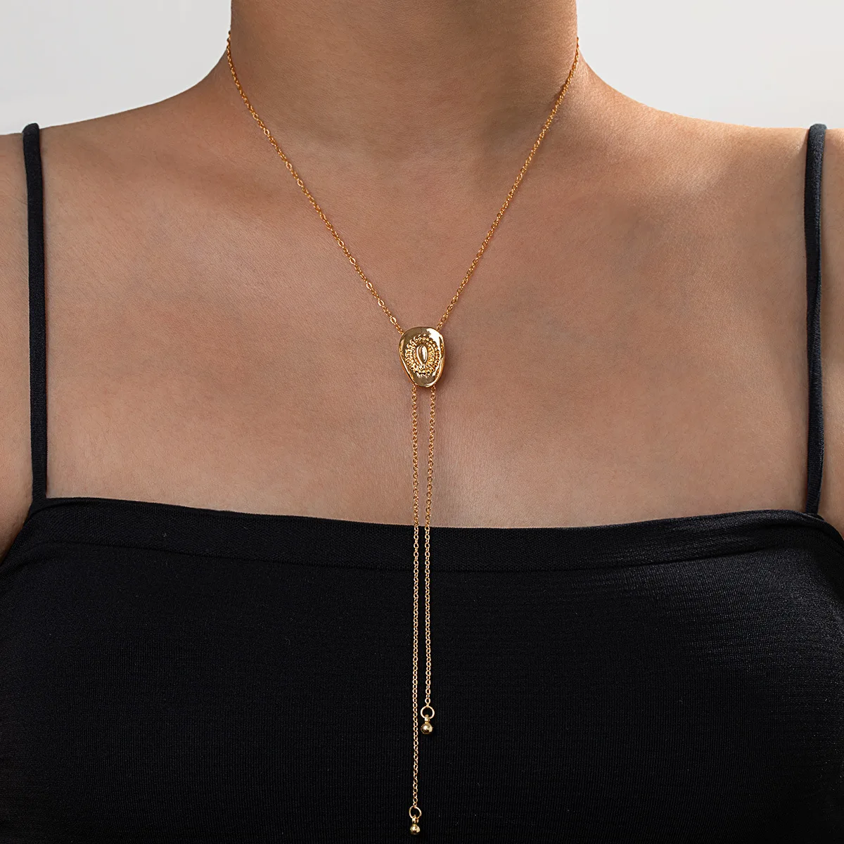 1Pc Golden Adjustable Lariat Y Necklace, Hat Irregular Textured Oval Pendant, Vintage Boho Long Drop Chain Jewelry