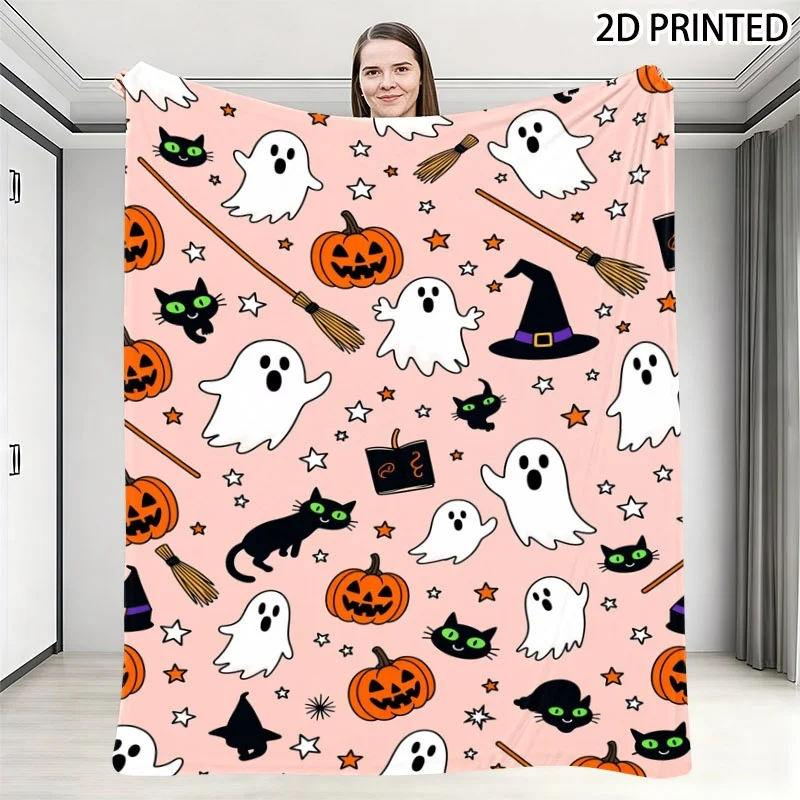 Playful Cartoon Halloween Print Throw Blanket with Light Pink Background, Featuring Cute Ghosts Pumpkins Black Cats Witch Hats &