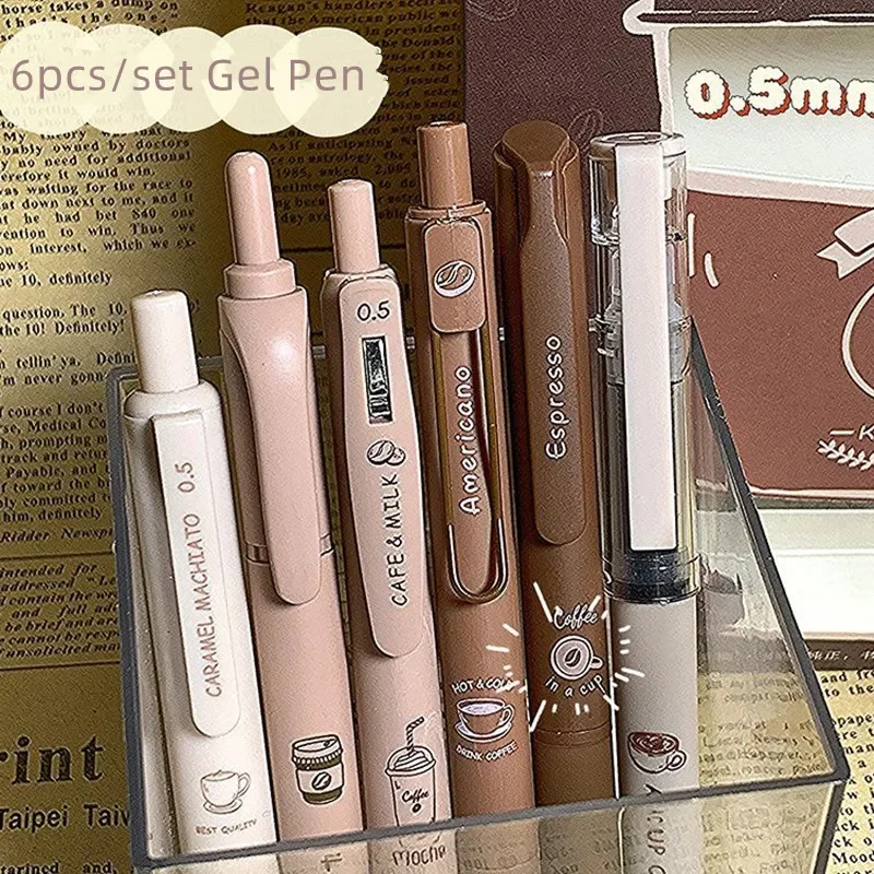 5 + 1 PCS Cute Cartoon Coffee Brown Bear Series Gel Pen Marker Pen Set 0.5mm Black Ink Quick-dry Pen Kawaii Student Stationery