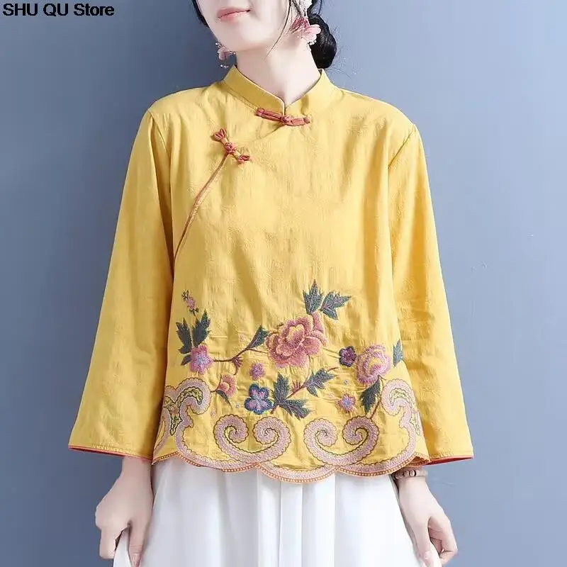 Chinese Style Embroidered Cotton Linen Shirts Spring Summer Retro Buttoned Long-sleeved Stand-up Collar Clothes Loose Tops