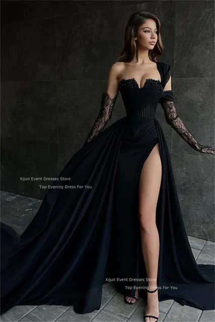 Xijun Black 2022 Prom Dresses Side Split Evening Dresses Elegant For Women With Gloves One Shoulder Wedding Party Gowns AliExpress