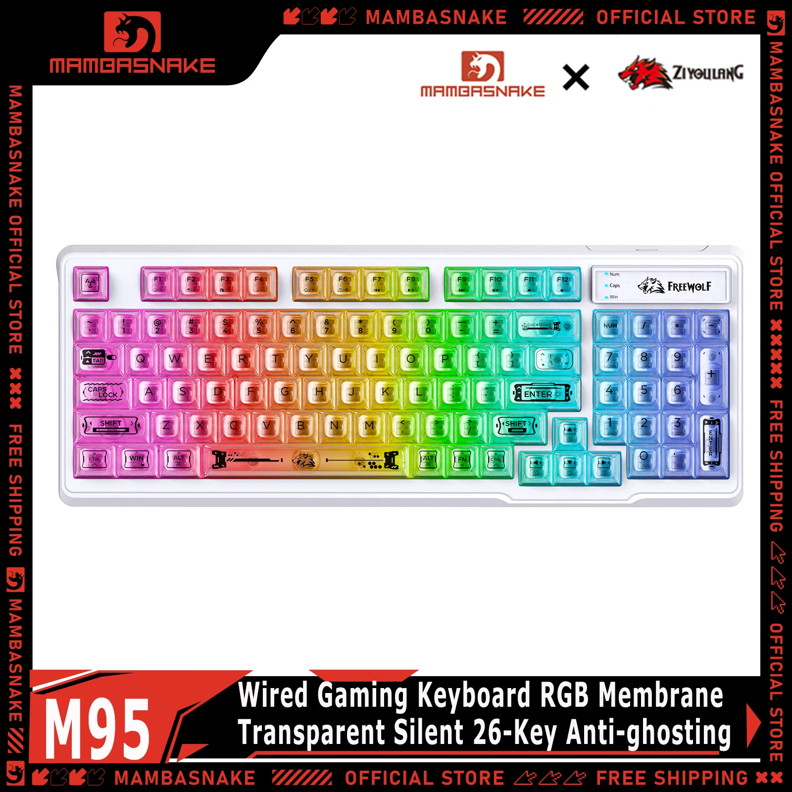 ZIYOULANG M95 Wired Gaming Keyboard 94 Keys RGB Transparent Membrane Silent 26-Key Anti-ghosting For PC Windows Mac