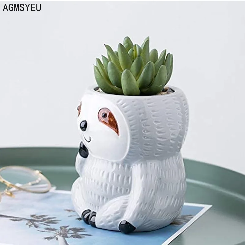 AGMSYEU Creative Cartoon Sloth Mini Flower Pot Ceramic Crafts Living Room Office Green Plant Potted Balcony Animal Flower Pot