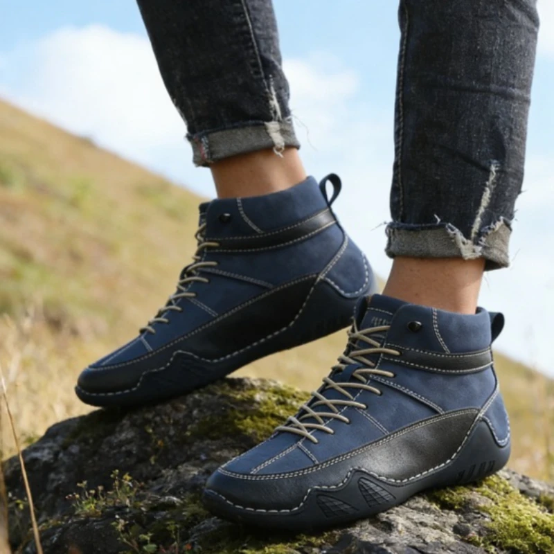 

2026 New Mens Winter Boots High Top Anti Slip Blue Trendy Patterned Thick Soled Hiking Shoes
