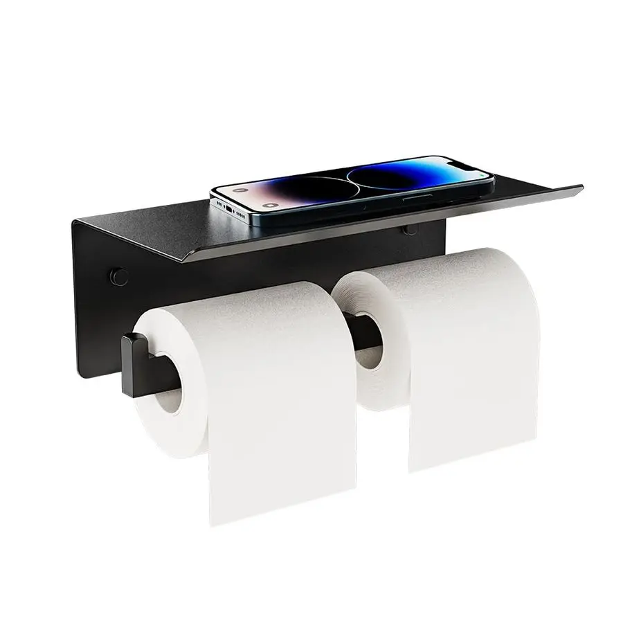 

Держатель для туалетной бумаги с полкой, матовый черный диспенсер для туалетной бумаги, настенный коммерческий держатель для туалетной бумаги с полкой для телефона, нержавеющая сталь