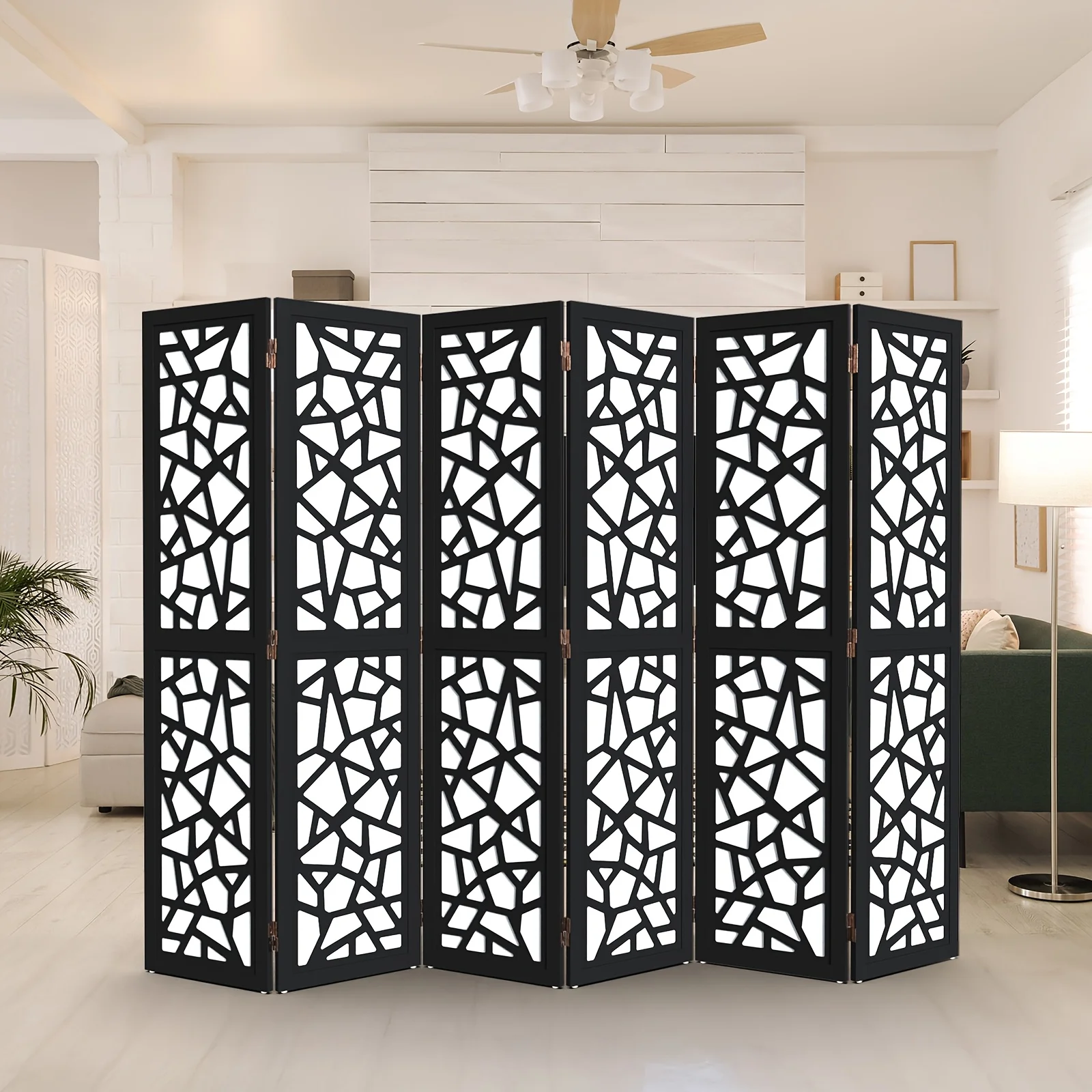 

BONNLO 70" Modern Wooden Room Divider with Geometric Pattern - Freestanding Privacy Screen, Indoor Space Separator for