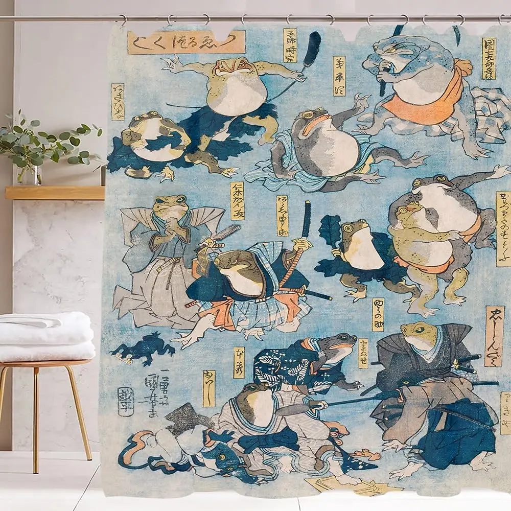 Badezimmervorhänge Duschvorhang Luxus Samurai Frösche Duschvorhang-Sets Vintage Japanische Folklore Badvorhang, Ninja-Frosch und