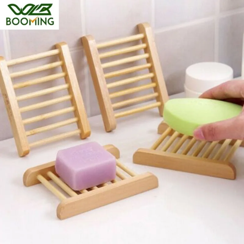 WBBOOMING 1pcs/6pcs Natural Wooden Bamboo Soap Dish Tray Rack Plate Box Holder Soap Storage Organizer Bathroom Drain Shelves