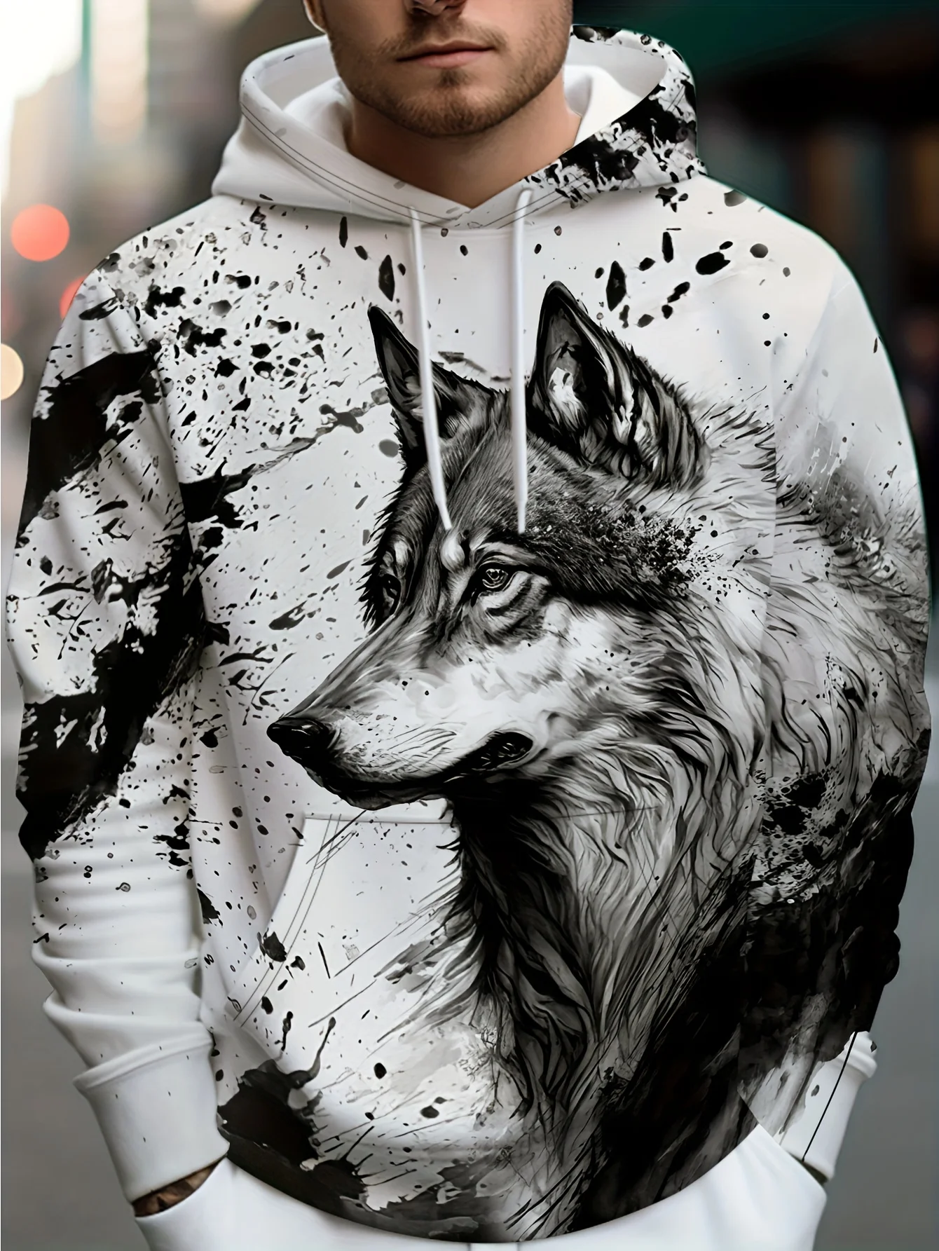 3D plus size hoodie men's undershirt front pocket, cap design undershirt, outdoor streetwear, animal and Wolf graphics, fashion