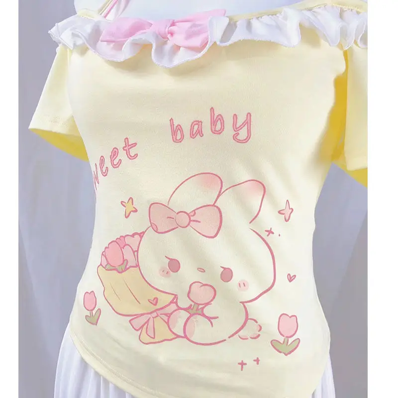 Sweet Cute Lolita Crop Tops Women Y2k Aesthetic Cartoon Bunny Print Bow T-shirt Japanese Casual Off Shoulder Tees Kawaii Y2k Top