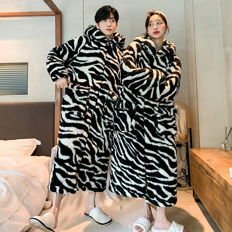 Thick Winter Sleepwear Femme Nightgown Flannel Leopard Print Nightwear 3-layer Quilted Keep Warm Women's Home Clothes Bath Robe