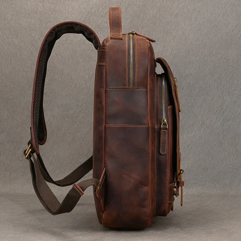 Luufan Crazy Horse Leather Mens Chest Bag Single Shoulder Backpack 2 Use Vintage Cow Leather Male Travel Backpack Daypack Brown