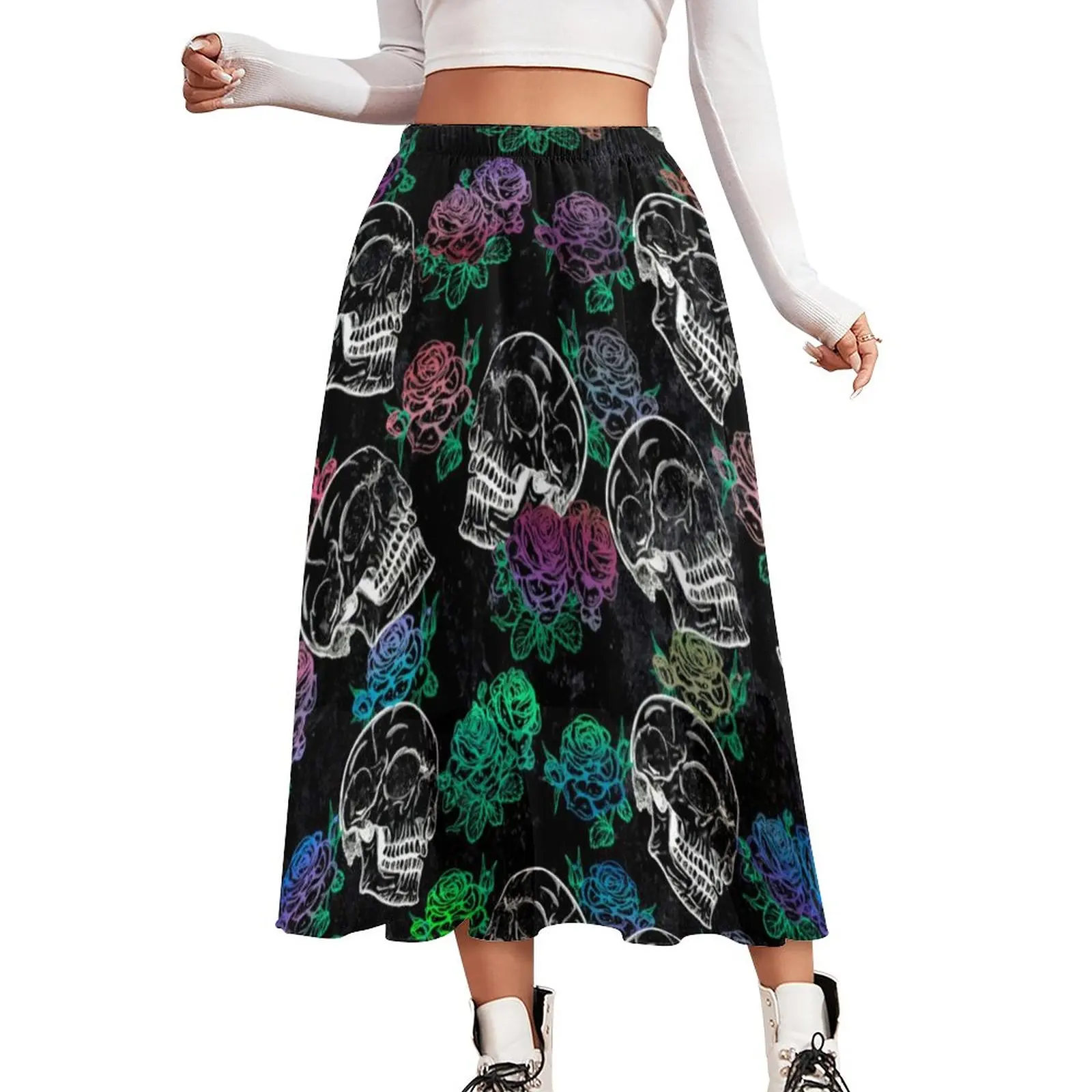 

Floral Sugar Skull Skirt Ombre Roses Print Girly Pastel Elegant Long Skirts Elastic Waist Graphic Aesthetic A-line Skirt 3XL 4XL