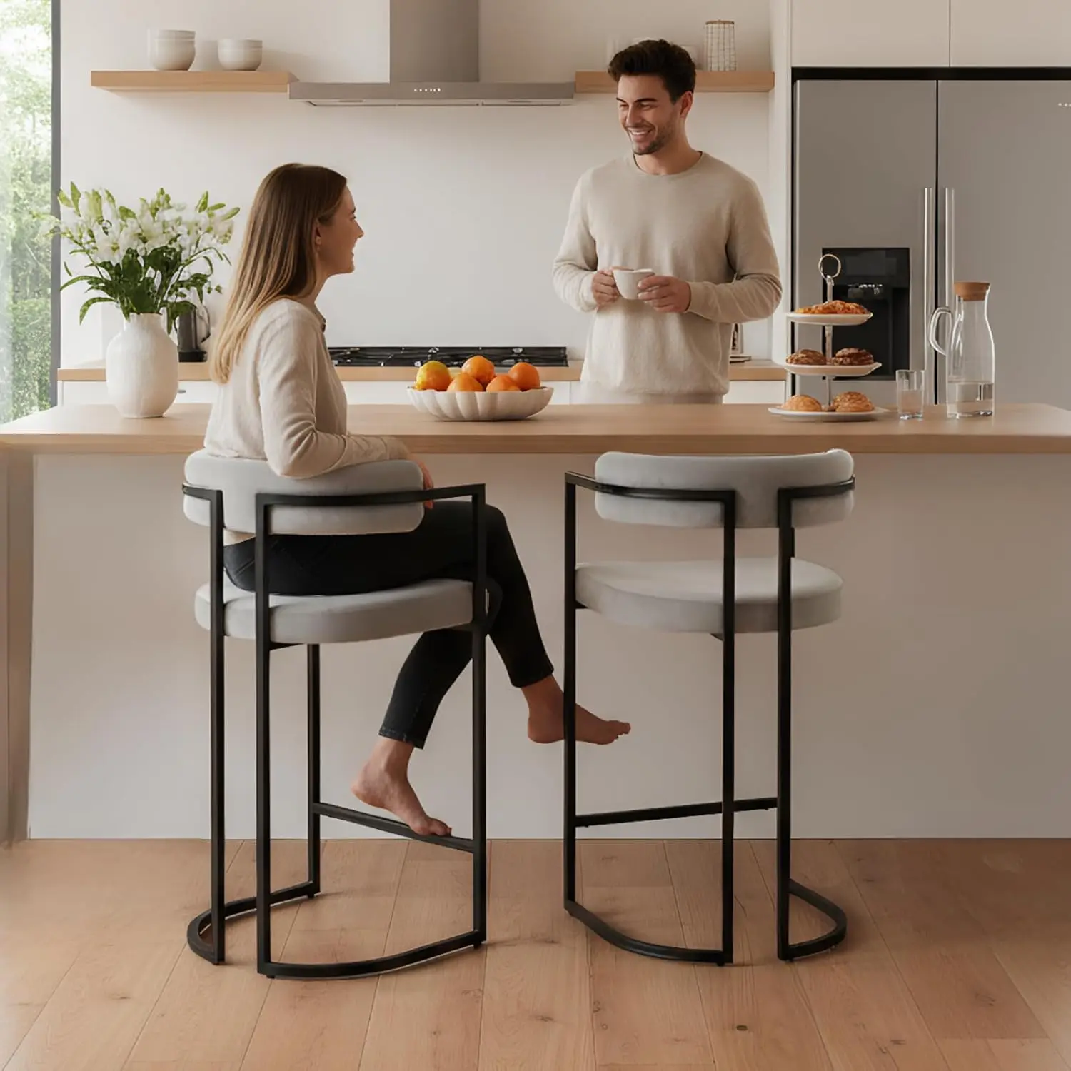26" Velvet Counter Stools With Back & Metal Legs For Kitchen Island, Set Of 2, Grey, Customized