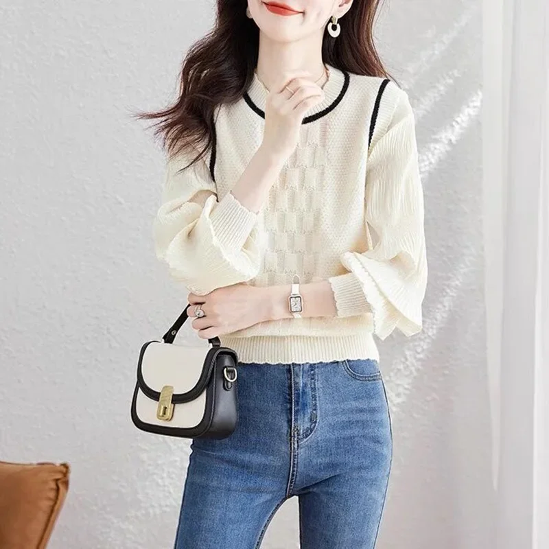 Women Clothing Solid Loose Casual O-neck Pullovers Autumn New Sweet Fashion Elegant Knitted Tops