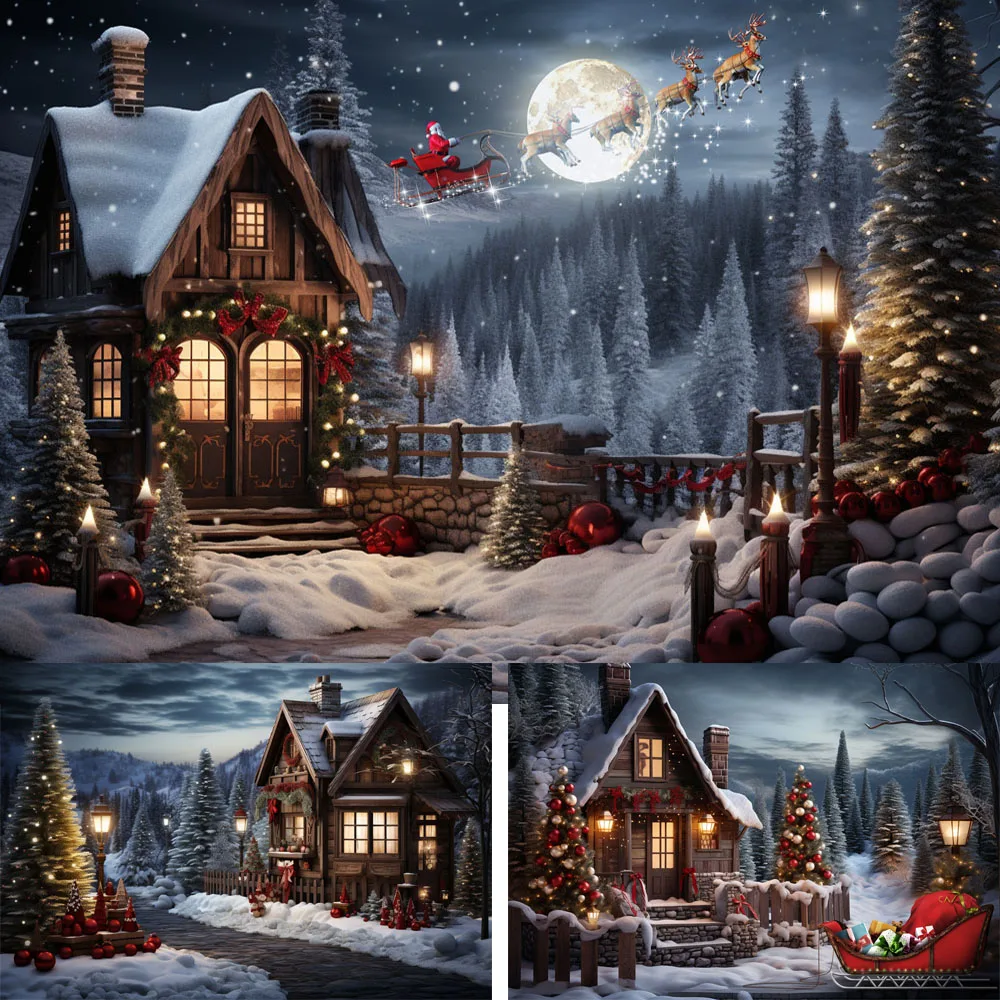 

Winter Christmas House Photography Backdrops Xmas Tree Santa Claus Snow Scene Frozen Wonderland Kids Portrait Background Props