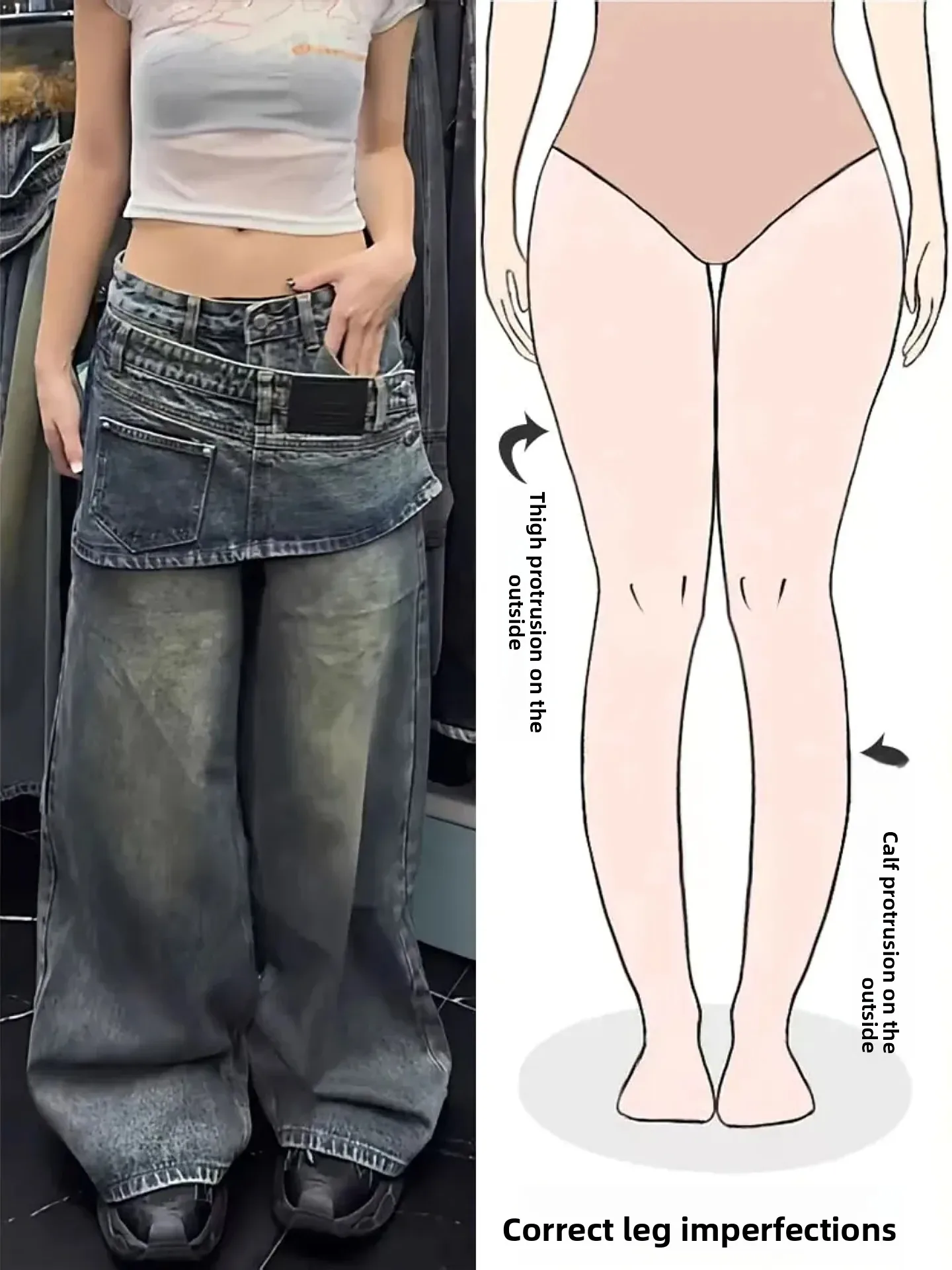 

Американские ретро-джинсы с широкими штанинами для женщин, осенняя новинка, уличный стиль, дизайн для фигуры типа «груша», имитация двухслойных брюк