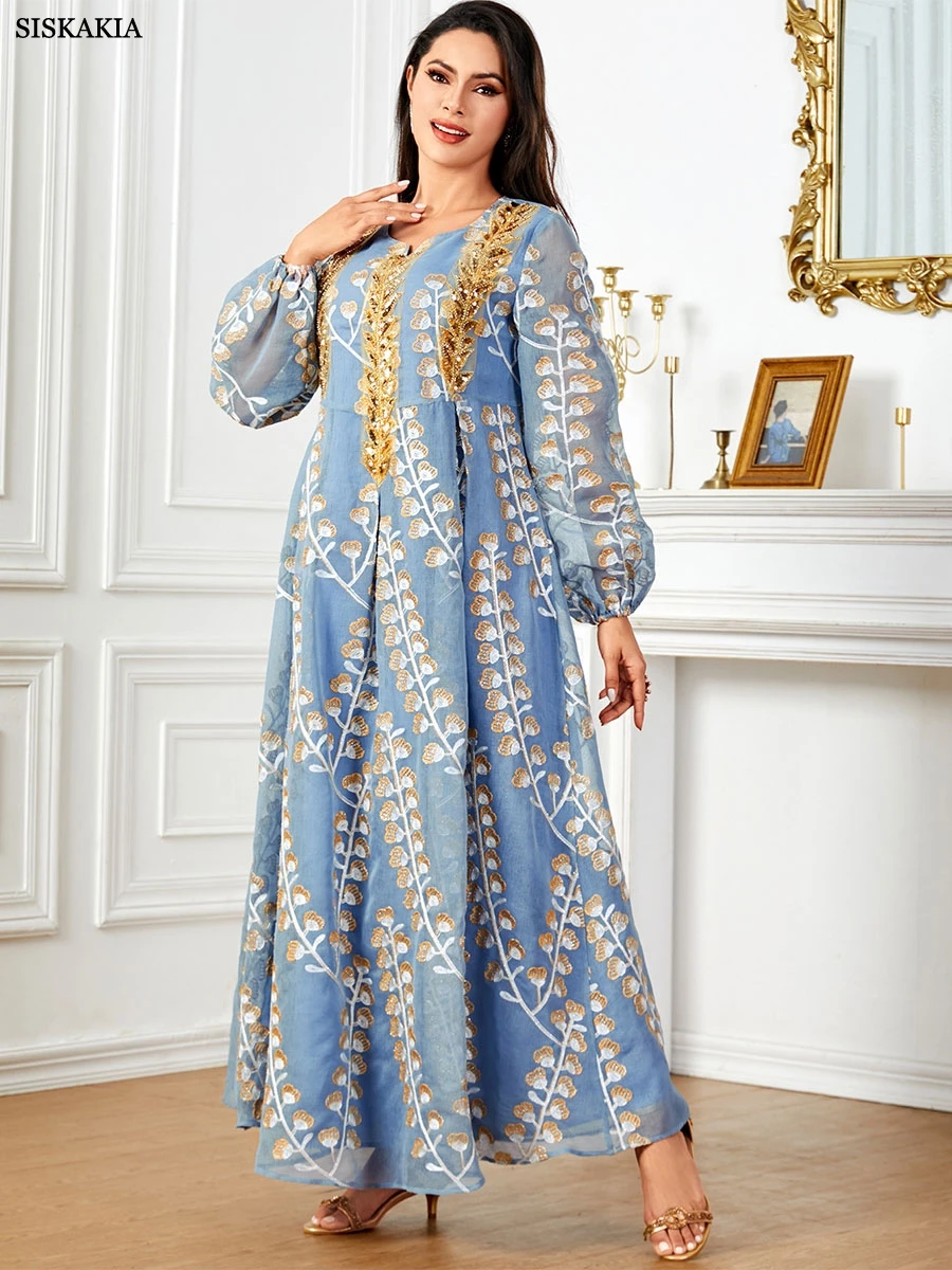 Siskakia Sequins Embroideried Dubai Abaya For Muslim Woman Notched O-Neck Puff Sleeve Moroccan Kaftan Elegant Casual Loose Robe