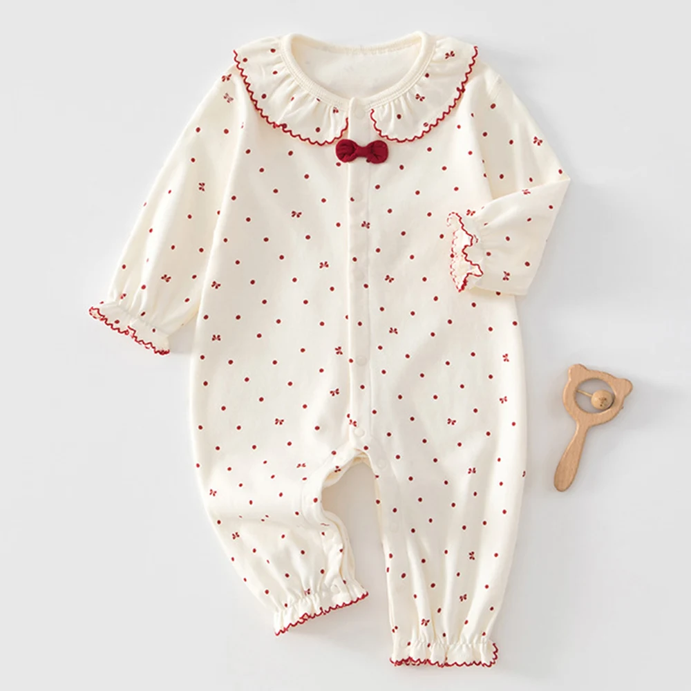 Baby Girl Romper 100% Cotton Ruffles Dot Print 1st Birthday Princess Infant Boutique Clothing Long Sleeve Jumpsuits