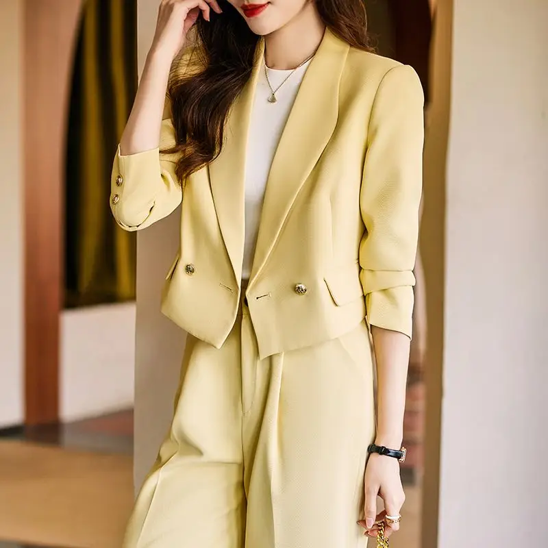 3-G19   Brown suit for women Spring and Autumn new temperament goddess style casuafessional short suit trousers two-piece suit