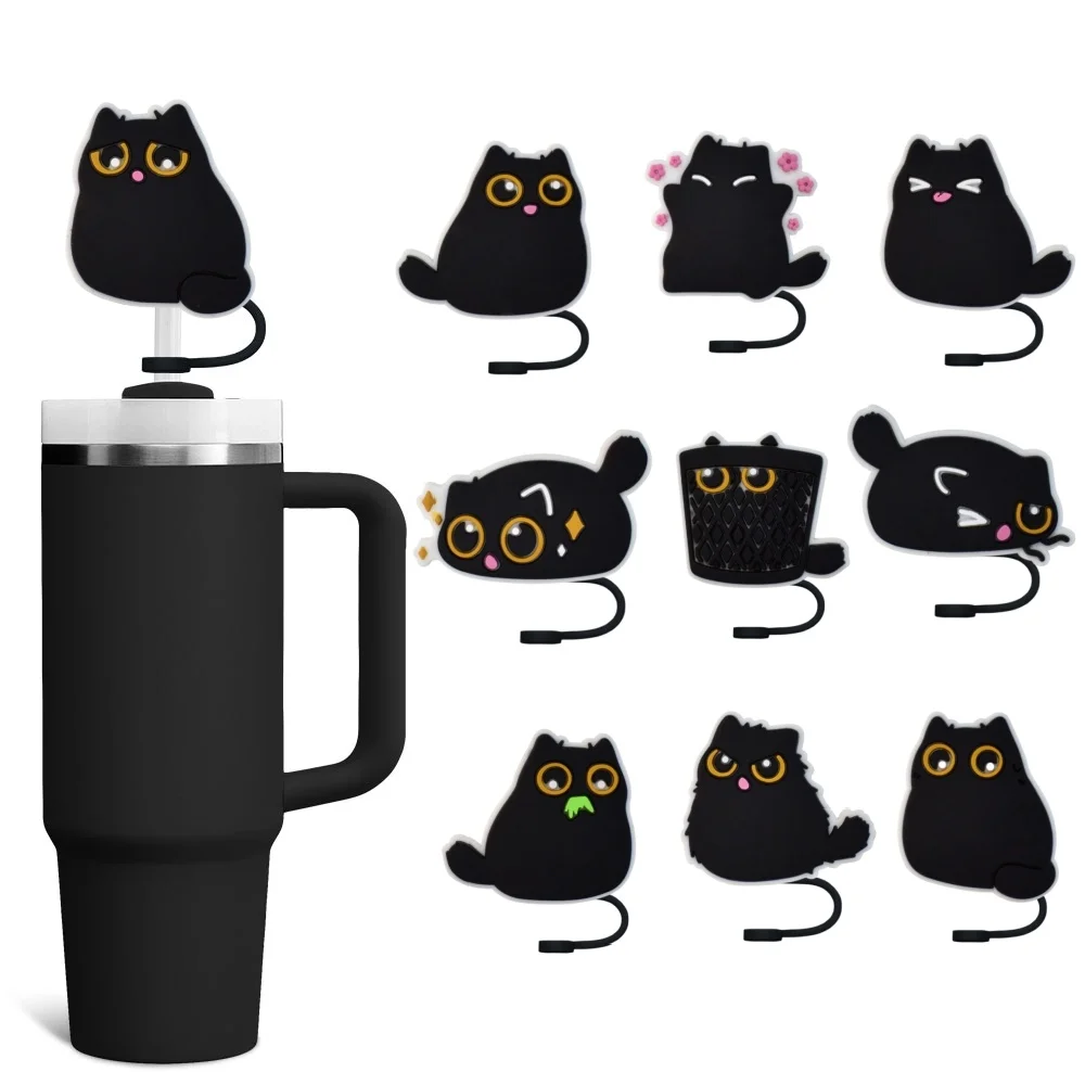 

1-15PCS Black Cat Owl Straw Cover Cap 10MM Eco-friendly 40/30Oz Tumbler Flip Proof Drinking Cup Accessories Party For Kids