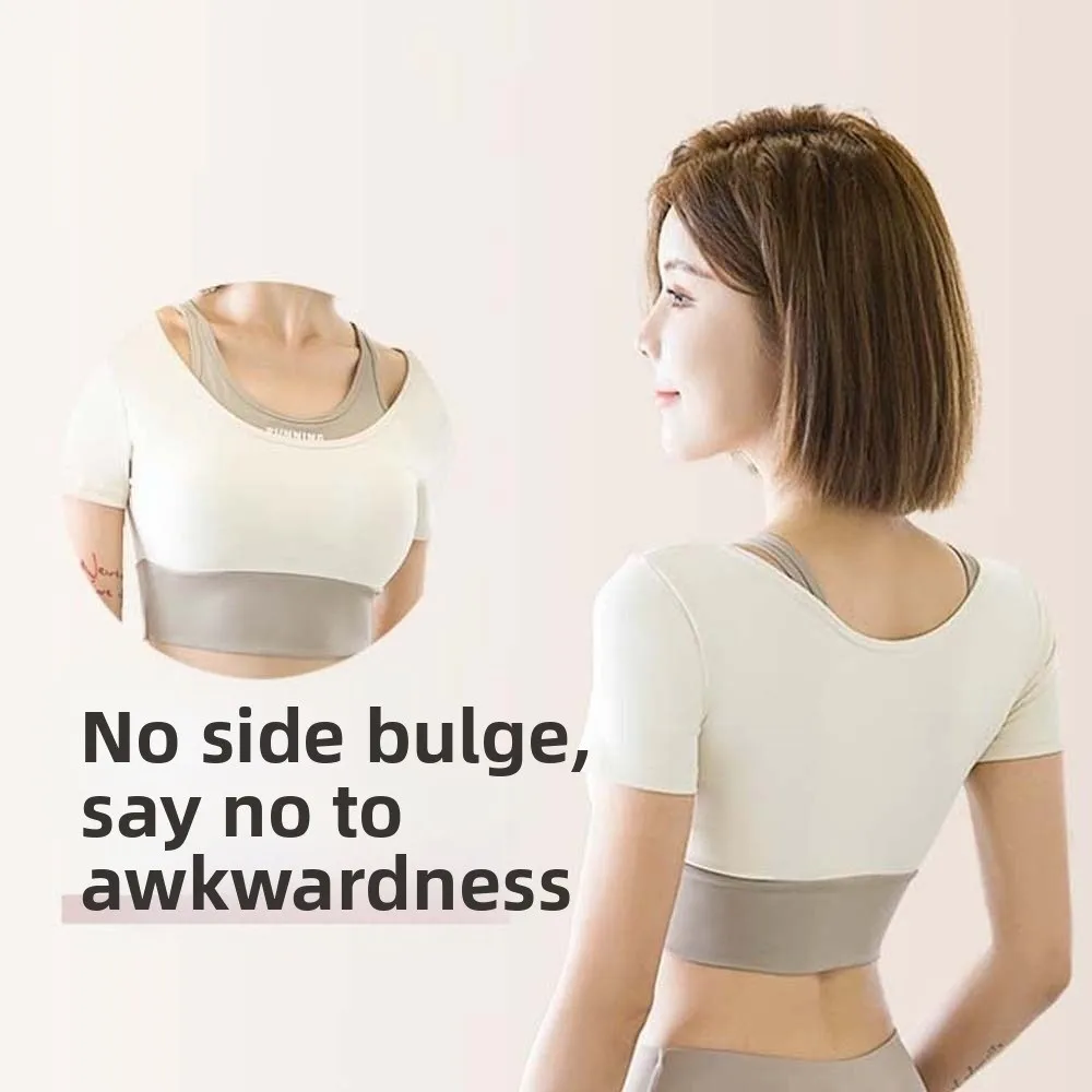 

Combined in One Sports Top with Bra Tight Breathable Fitness Short-Sleeved Fake Two-piece Contrast Color Plus Size Short Top