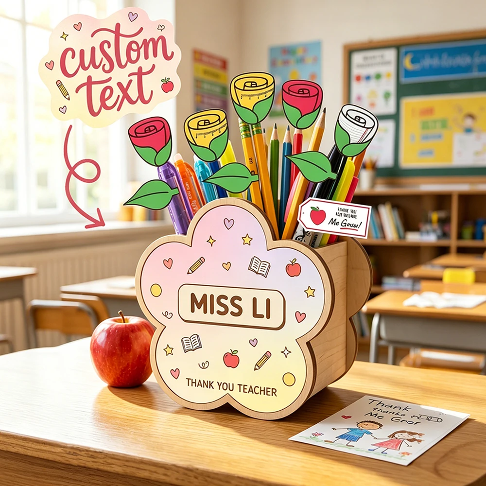 Customizable Floral Pencil Caddy,Wood Desk Storage Rack,Personalized Text,Back To School,For Tutors,Office Table Decor,Sentiment