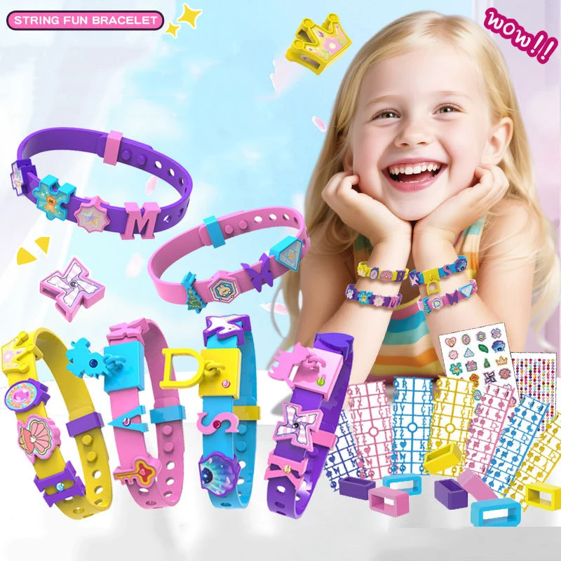 Zestaw do samodzielnego wykonania bransoletki z koralików dla dziewczynek, ręcznie robiona zabawka, zawieszki z alfabetem, bezpieczna elastyczna nić, dla dzieci w wieku 3+ lat, edukacyjna zabawka do rękodzieła dla dzieci.
