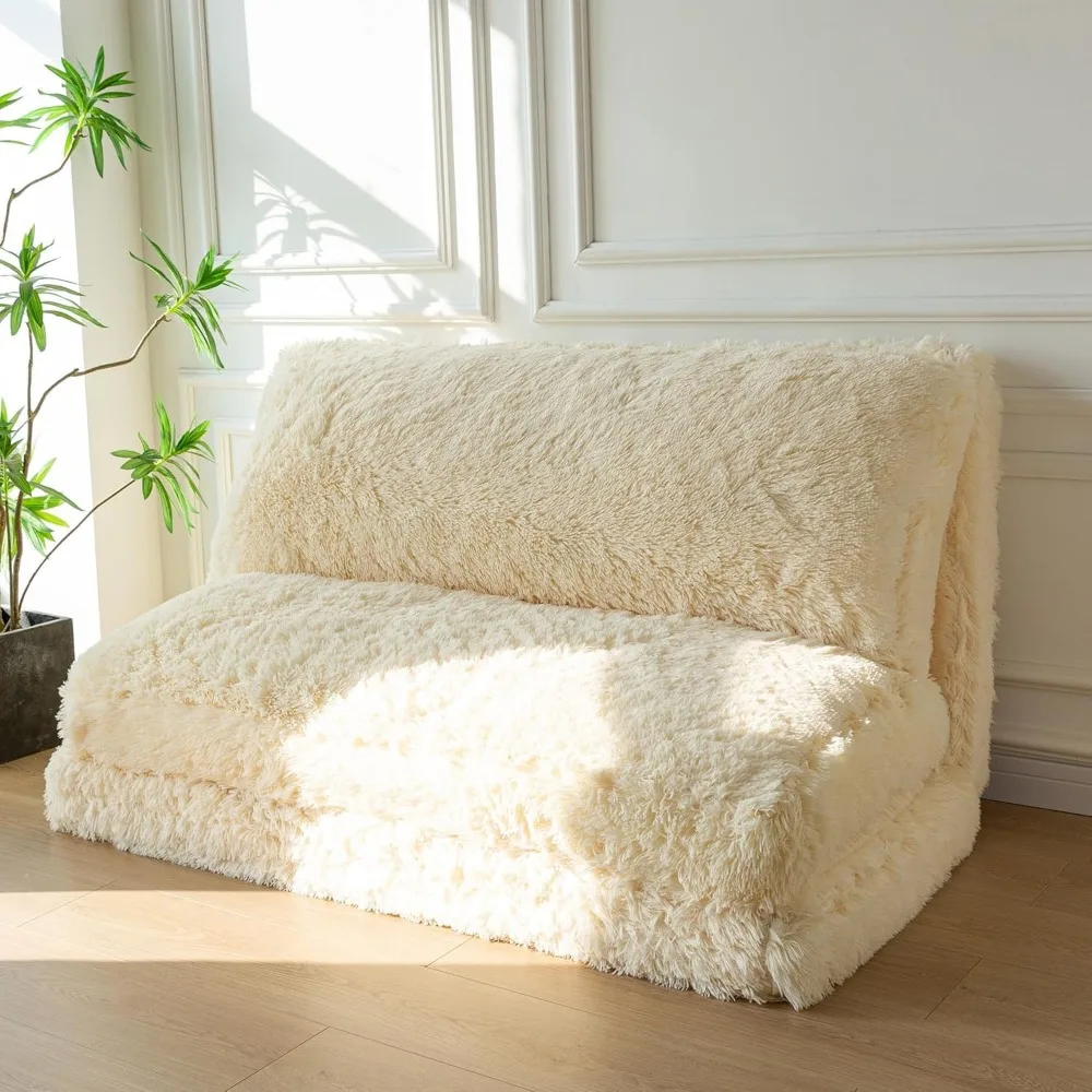 Luxurious Faux Fur Bean Bag Bed, Adult Floor Sofa, Foldable Foam Wall Couch Sleeper