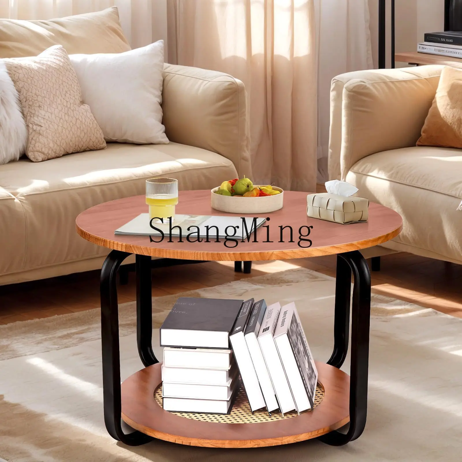 FG round coffee table double modern wooden coffee table living room with storage household rattan edge table