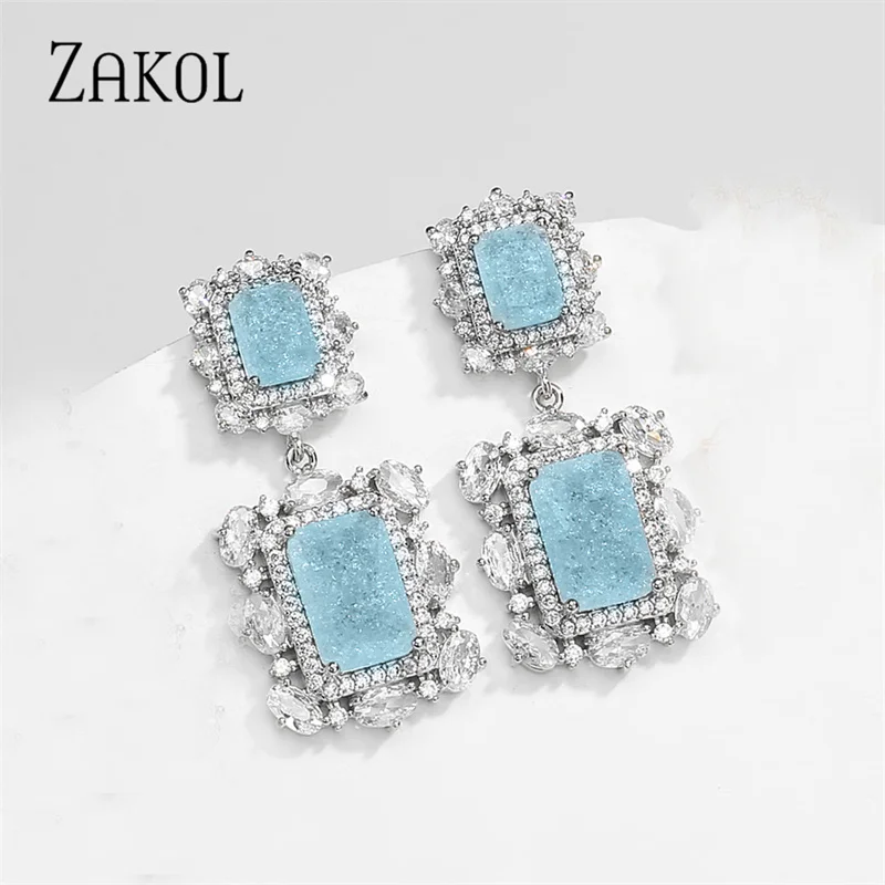 ZAKOL Gorgeous Princess Big Square Light Blue Cubic Zirconia Drop Earrings for Women Fashion Luxury Wedding Engagement Jewelry