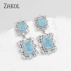 ZAKOL Gorgeous Princess Big Square Light Blue Cubic Zirconia Drop Earrings for Women Fashion Luxury Wedding Engagement Jewelry