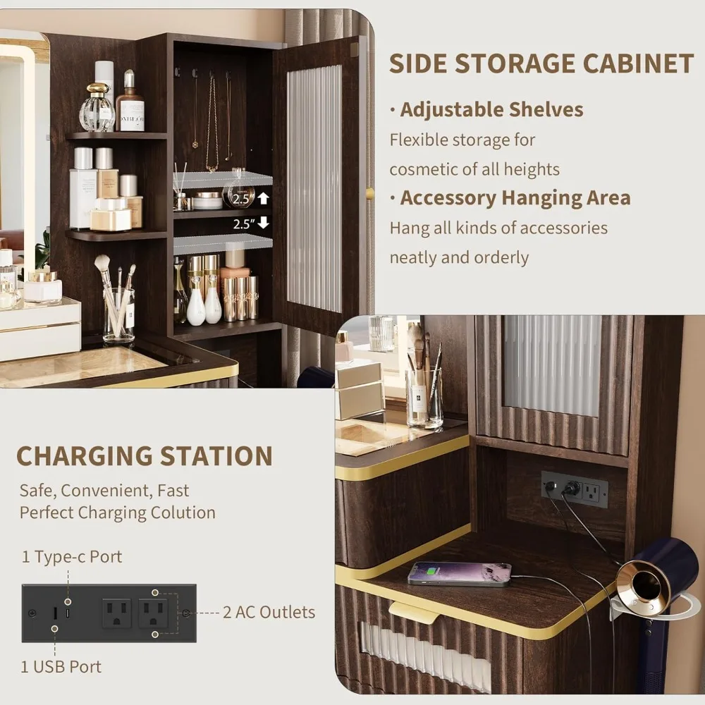 モダンなガラス天板の化粧台、フルーテッドデザイン、LED照明付きミラー、充電ステーション付き