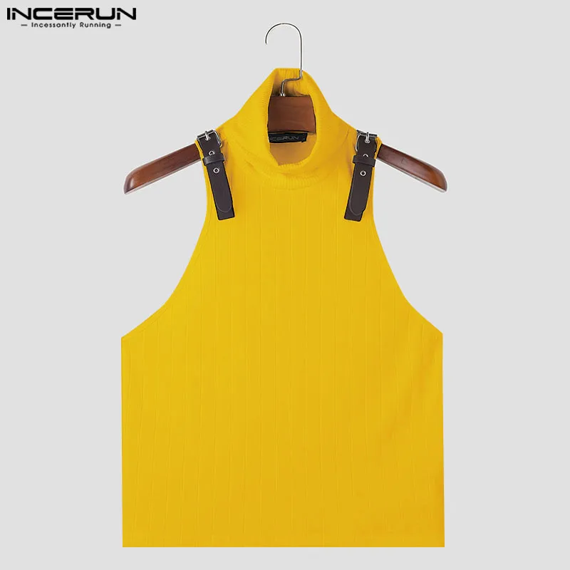 INCERUN Men Tank Tops Patchwork Turtleneck Sleeveless Casual Male Vests Streetwear Fitness Fashion Leisure Men Clothing S-5XL