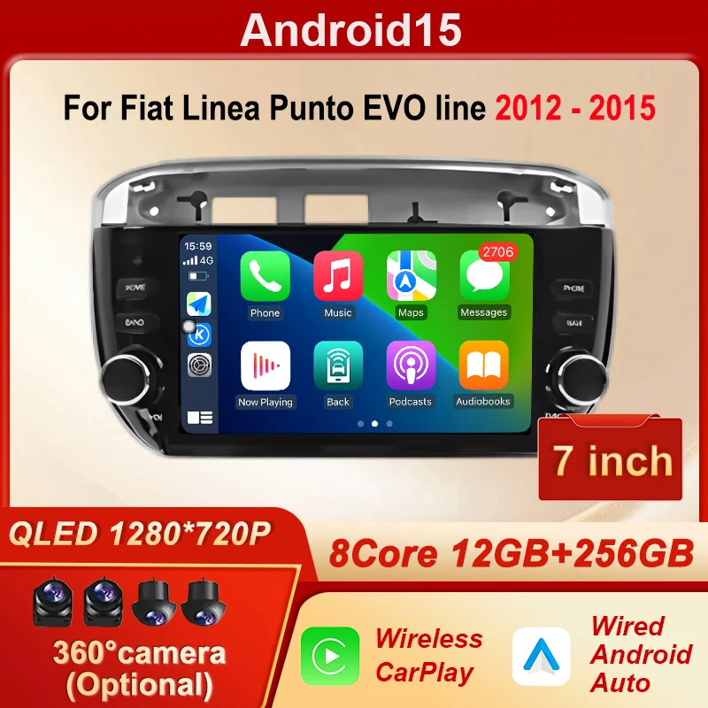 Android 15 para Fiat Linea Punto EVO línea 2012-2015, Reproductor Multimedia Inalámbrico para Auto con Carplay, Radio, Bluetooth, GPS y Navegación