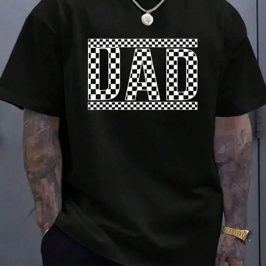 100% Cotton Checkered Dad Black White Funny Father's Day T-Shirt, Printed Graphic Tee For Men, Summer Casual Short Sleeved Men's