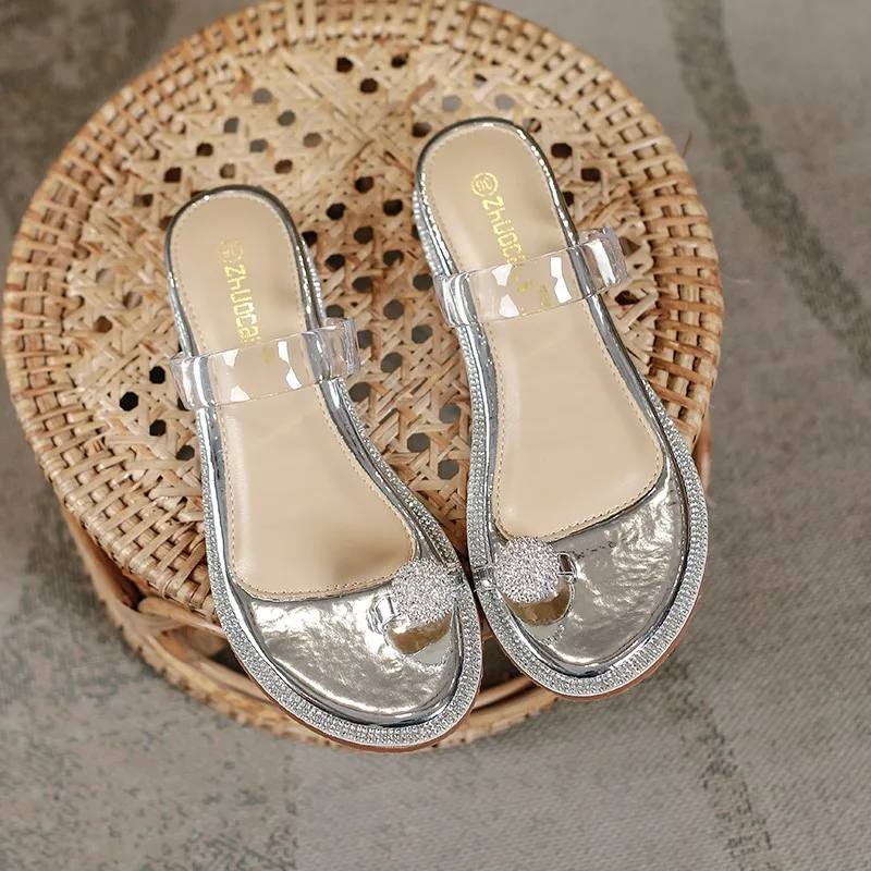 Rhinestone Fashion Sandals 2024 New Wedge Silver Sexy Women Summer Sandals Transparent Slippers