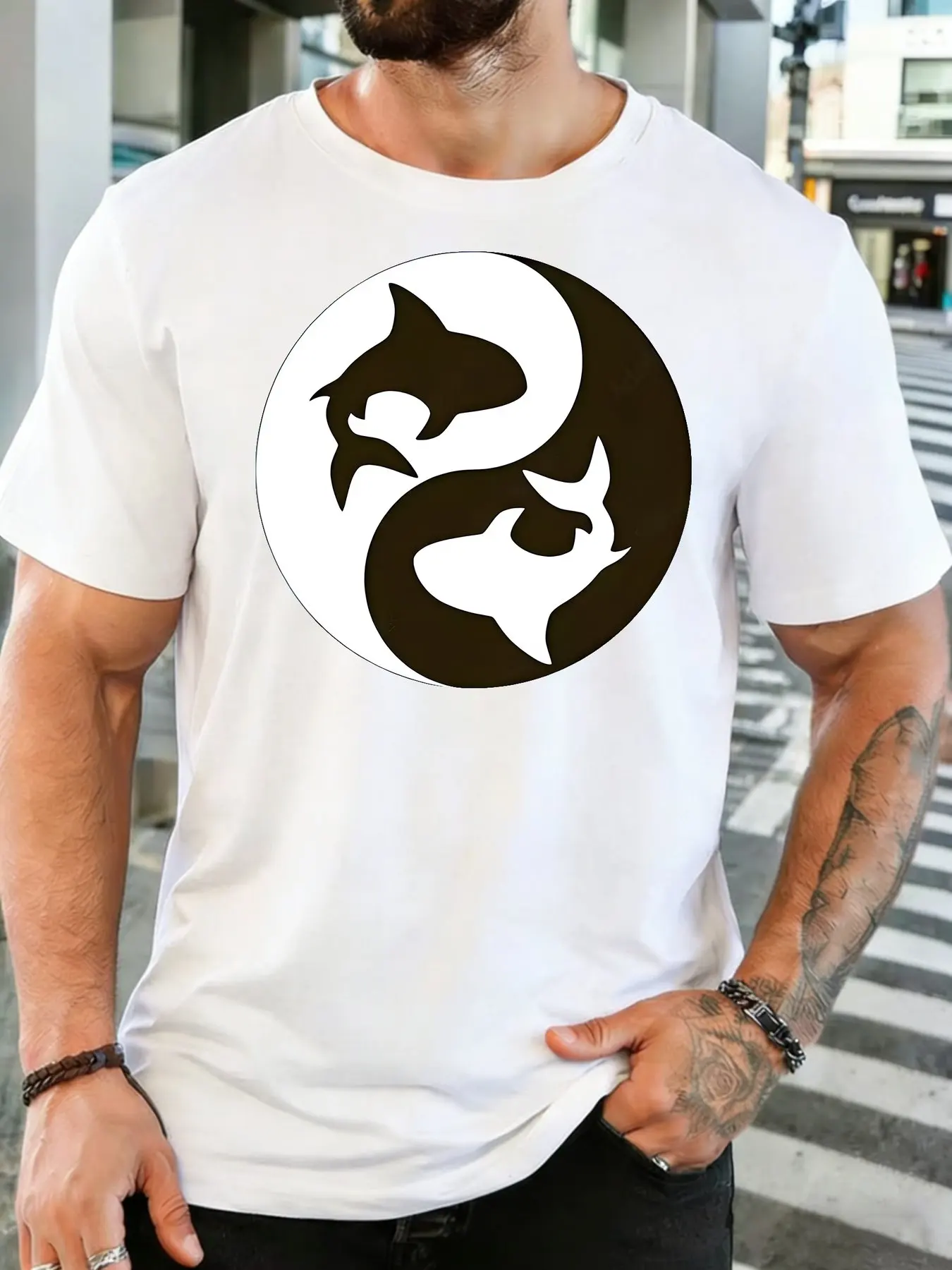 Men Cotton Crew Neck T Shirt Yin Yang Shark Silhouette Graphic Ocean Animal Balance Theme Casual Short Sleeve Male Daily Top