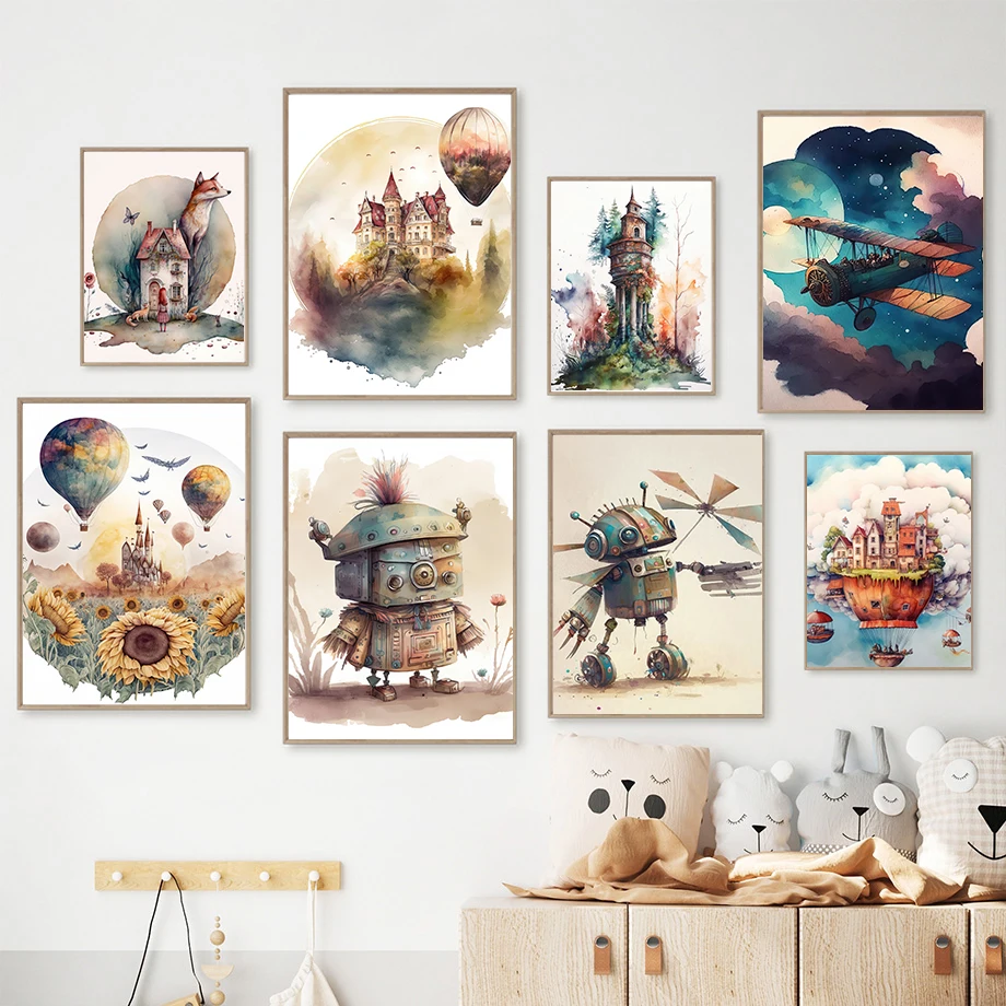 Fairy Tale Hot Air Balloon Dining Car Dream House Robot Fashion Wall Art Canvas Painting Nordic Poster Children's Room Decor