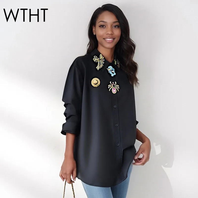 

WTHT модная новая женская свободная рубашка с яркими бриллиантами и пряжкой, осень 2022, модная блузка с длинными рукавами и лацканами, женская 1LS2592