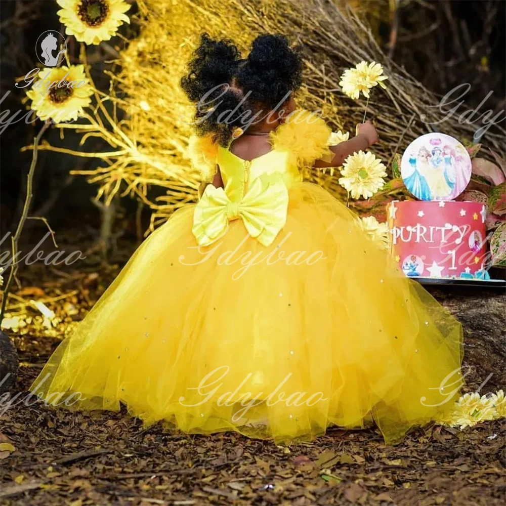 Robe Boule Bouffante Jaune pour Bol, Bretelles Spaghetti, Fleurs, Bébé, Manches Courtes, Applique, Noeud dans le Dos, Événements Officiels pour Enfants